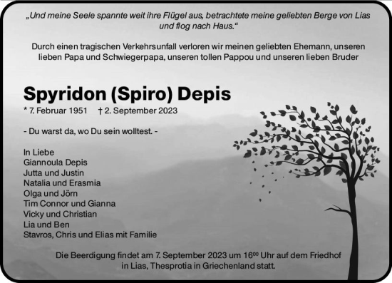 Traueranzeige von Spyridon Depis von Dill Block