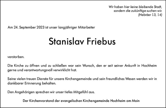 Traueranzeige von Stanislav Friebus von Hochheimer Zeitung