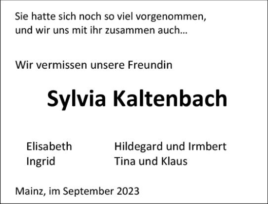 Traueranzeige von Sylvia Kaltenbach von Allgemeine Zeitung Mainz