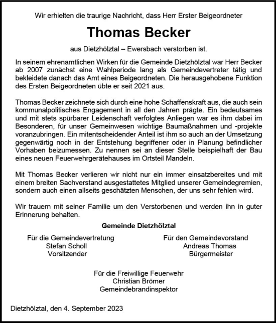Traueranzeige von Thomas Becker von Dill Block