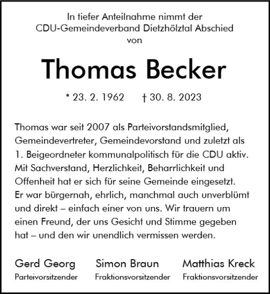 Traueranzeige von Thomas Becker von Dill Block