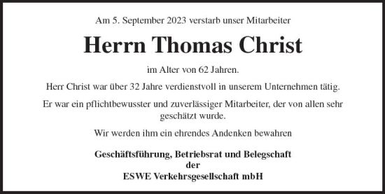 Traueranzeige von Thomas Christ von Wiesbadener Kurier