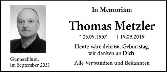 Traueranzeige von Thomas Metzler von Allgemeine Zeitung Mainz