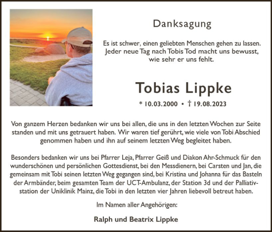 Traueranzeige von Tobias Lippke von Allgemeine Zeitung Bingen/Ingelheim