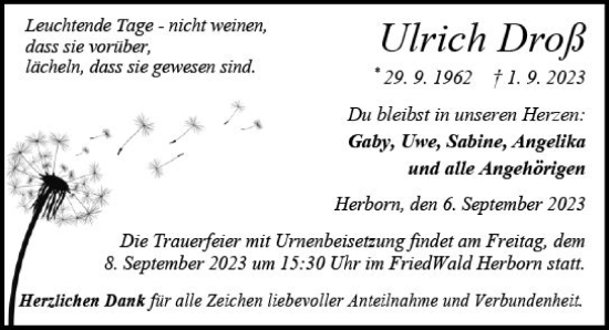 Traueranzeige von Ulrich Droß von Dill Block