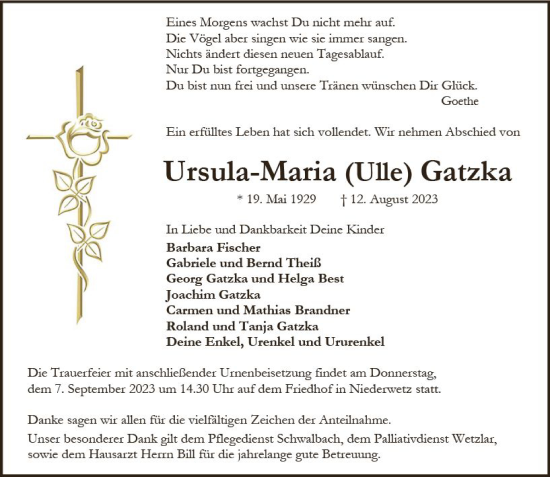 Traueranzeige von Ursula-Maria Gatzka von Wetzlarer Neue Zeitung