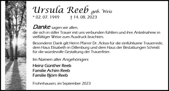 Traueranzeige von Ursula Reeb von Dill Block