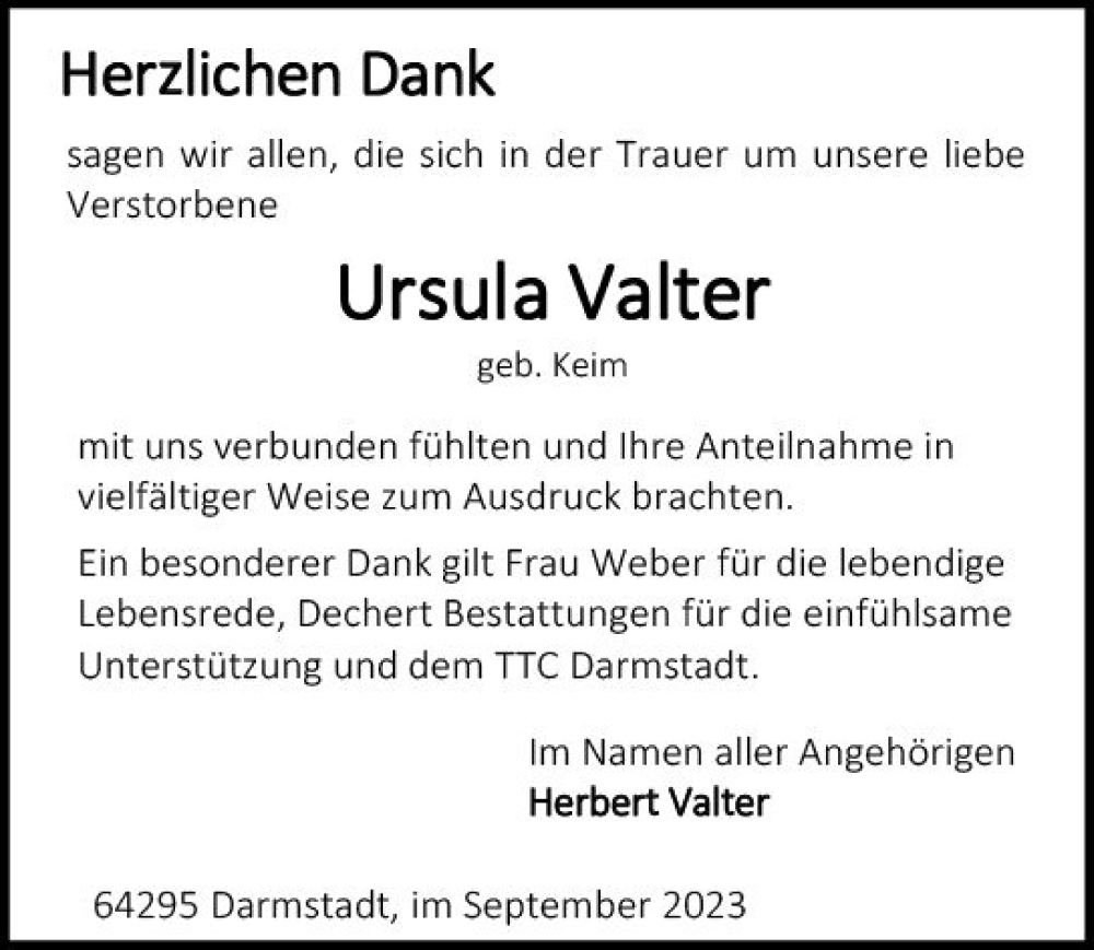  Traueranzeige für Ursula Valter vom 30.09.2023 aus Darmstädter Echo