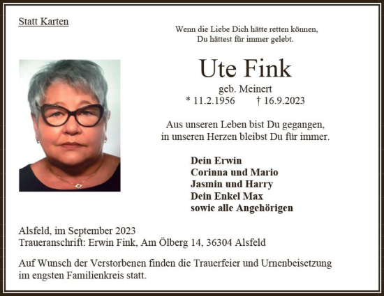 Traueranzeige von Ute Fink von Oberhessen Kurier