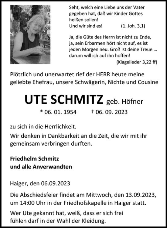 Traueranzeige von Ute Schmitz von Dill Block