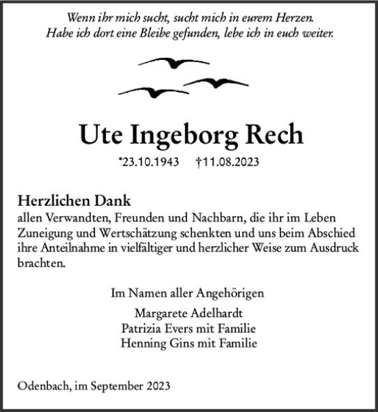 Traueranzeige von Ute Ingeborg Rech von Allgemeine Zeitung Mainz