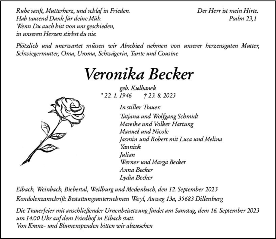Traueranzeige von Veronika Becker von Weilburger Tageblatt