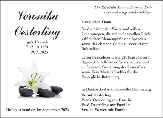 Traueranzeige von Veronika Oesterling von Weilburger Tageblatt