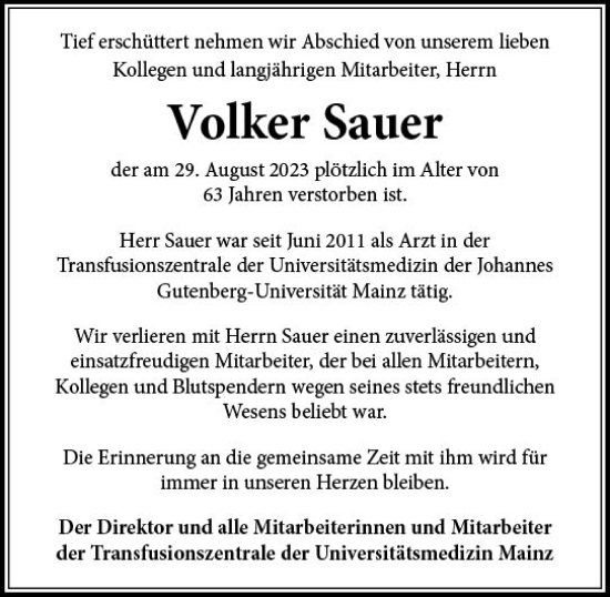 Traueranzeige von Volker Sauer von Allgemeine Zeitung Bad Kreuznach