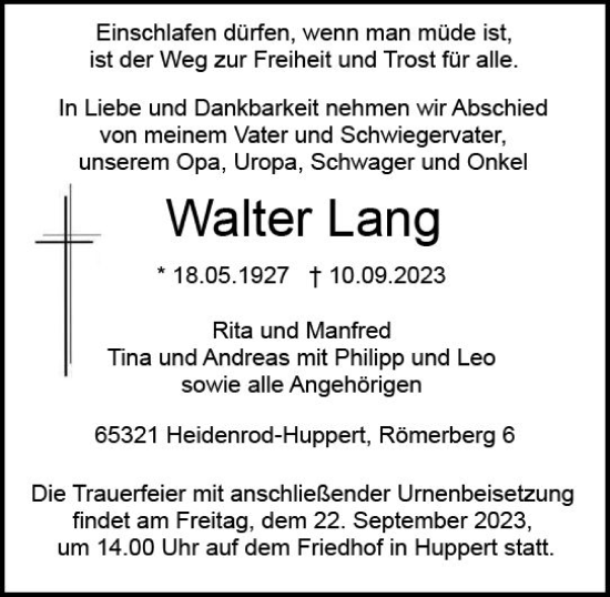 Traueranzeige von Walter Lang von Idsteiner Land/Untertaunus