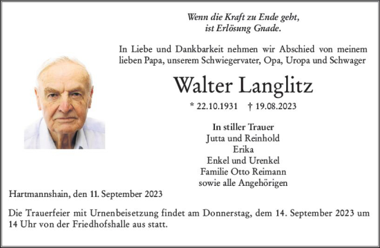 Traueranzeige von Walter Langlitz von VRM Trauer