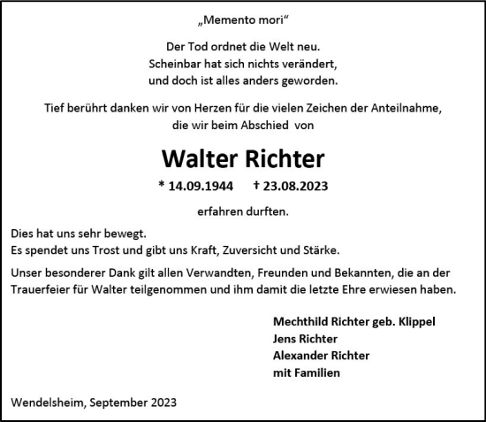 Traueranzeige von Walter Richter von Allgemeine Zeitung Alzey