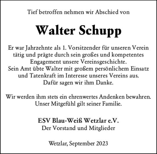 Traueranzeige von Walter Schupp von Wetzlarer Neue Zeitung