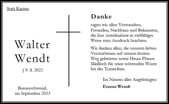 Traueranzeige von Walter Wendt von Oberhessen Kurier