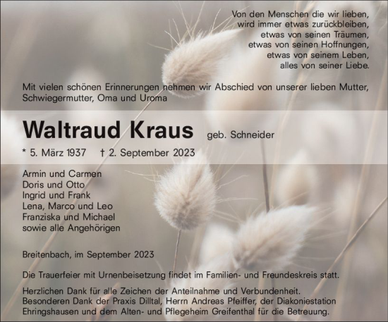 Traueranzeige von Waltraud Kraus von Wetzlarer Neue Zeitung