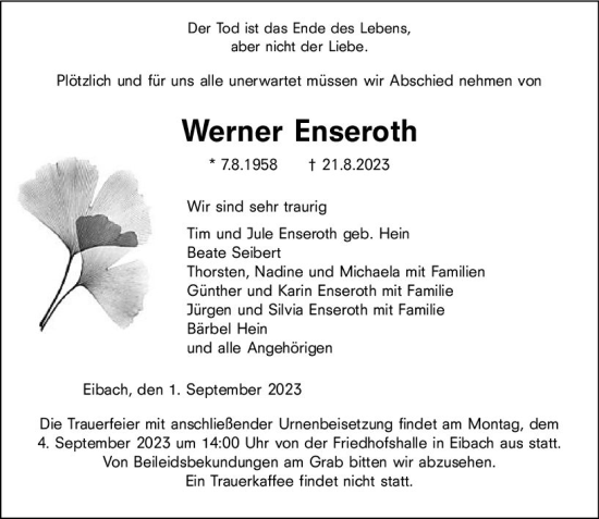 Traueranzeige von Werner Enseroth von Dill Block