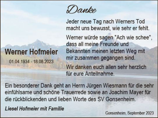Traueranzeige von Werner Hofmeier von Allgemeine Zeitung Mainz