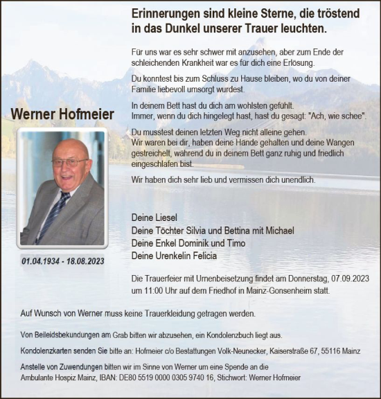 Traueranzeige von Werner Hofmeier von Allgemeine Zeitung Mainz
