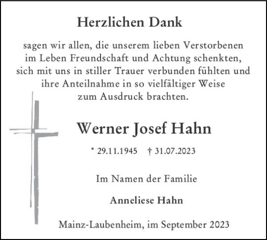 Traueranzeige von Werner Josef Hahn von Allgemeine Zeitung Mainz