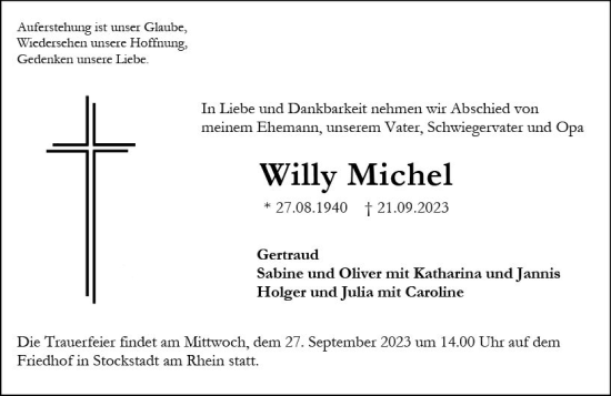 Traueranzeige von Willy Michel von Groß-Gerauer Echo