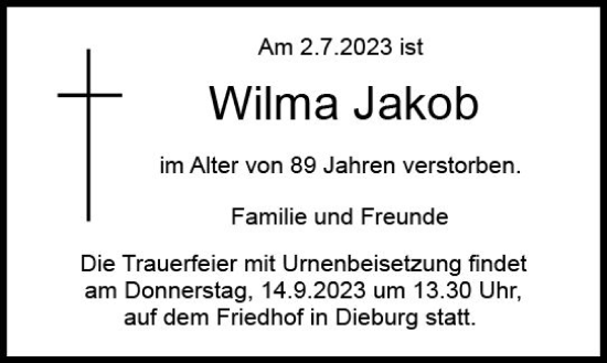 Traueranzeige von Wilma Jakob von Dieburger Anzeiger/Groß-Zimmerner Lokal-Anzeiger