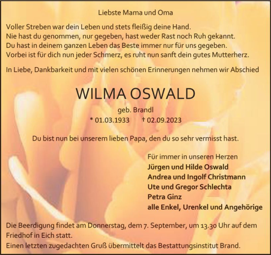 Traueranzeige von Wilma Oswald von Wormser Zeitung