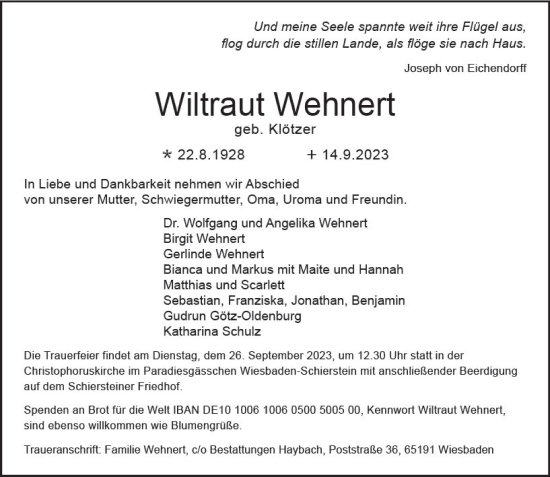 Traueranzeige von Wiltraut Wehnert von Wiesbadener Kurier