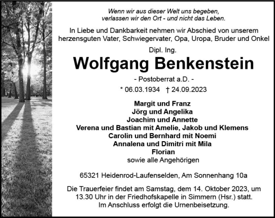 Traueranzeige von Wolfgang Benkenstein von Idsteiner Land/Untertaunus