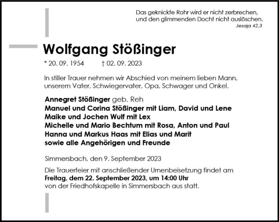 Traueranzeige von Wolfgang Stößinger von Dill Block