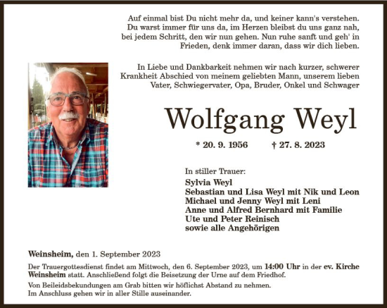 Traueranzeige von Wolfgang Weyl von Allgemeine Zeitung Bad Kreuznach