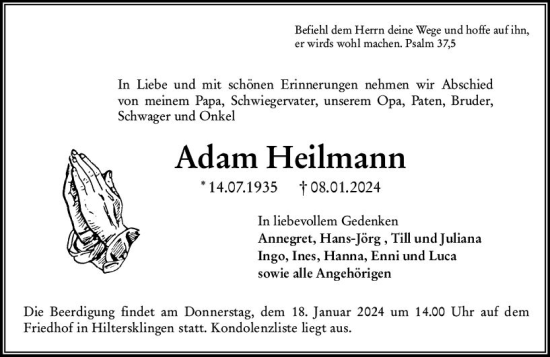 Traueranzeige von Adam Heilmann von Odenwälder Echo