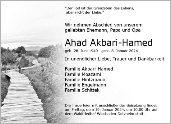 Traueranzeige von Ahad Akbari-Hamed von Wiesbadener Kurier