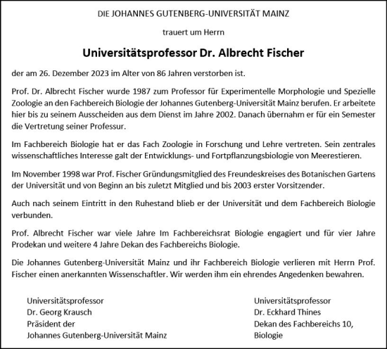 Traueranzeige von Albrecht Fischer von Allgemeine Zeitung Mainz