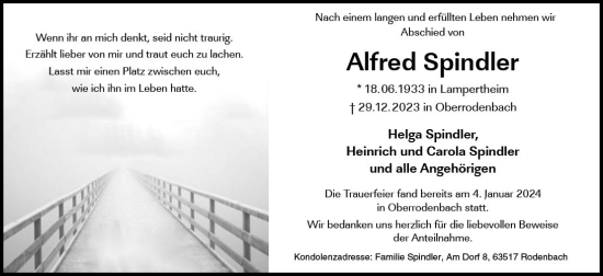 Traueranzeige von Alfred Spindler von Starkenburger Echo