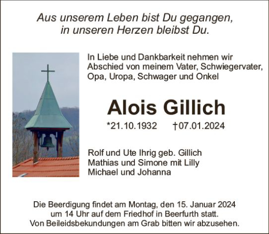 Traueranzeige von Alois Gillich von Odenwälder Echo