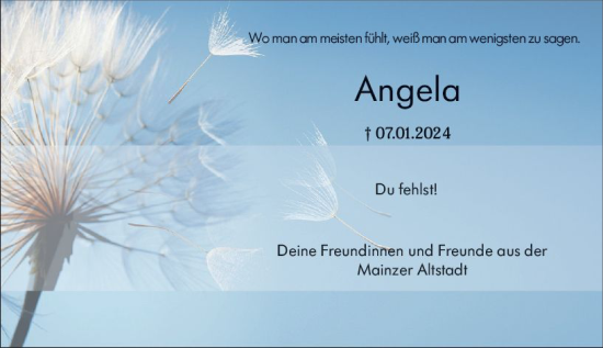 Traueranzeige von Angela  von Allgemeine Zeitung Mainz