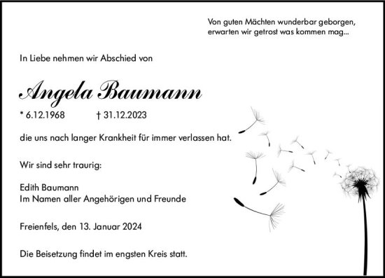 Traueranzeige von Angela Baumann von Weilburger Tageblatt