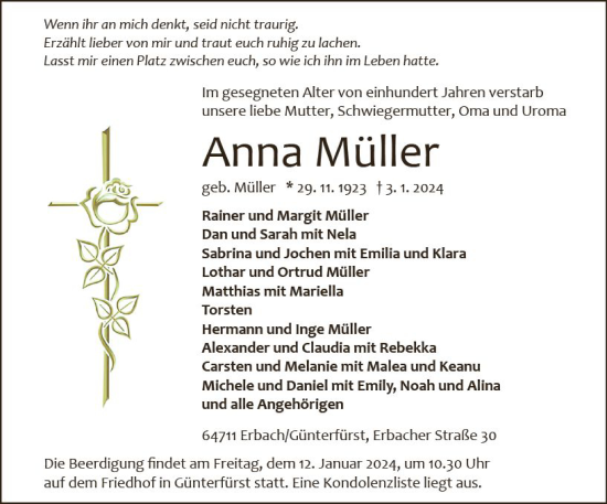 Traueranzeige von Anna Müller von Odenwälder Echo