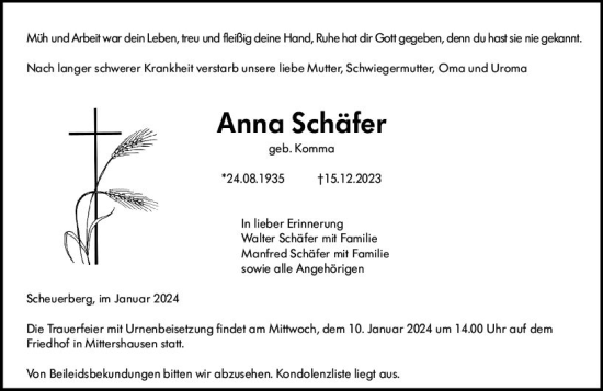 Traueranzeige von Anna Schäfer von Starkenburger Echo