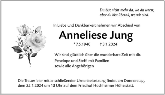 Traueranzeige von Anneliese Jung von Wormser Zeitung