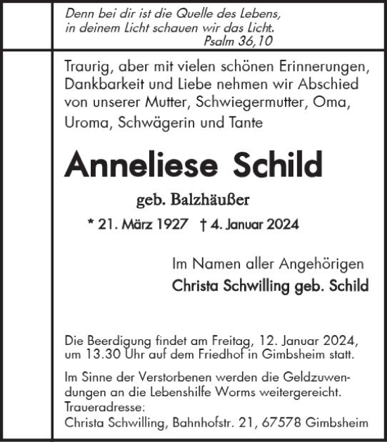 Traueranzeige von Anneliese Schild von Wormser Zeitung