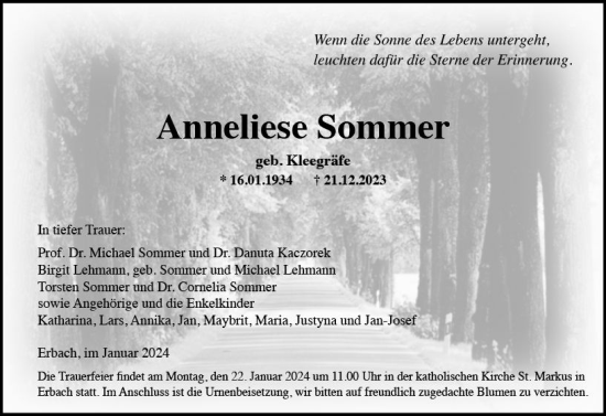 Traueranzeige von Anneliese Sommer von Rheingau Kurier