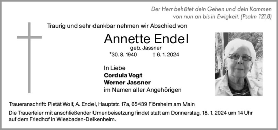 Traueranzeige von Annette Endel von Wiesbadener Kurier