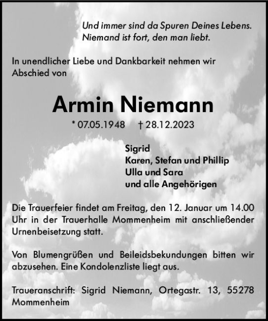 Traueranzeige von Armin Niemann von Allgemeine Zeitung Mainz