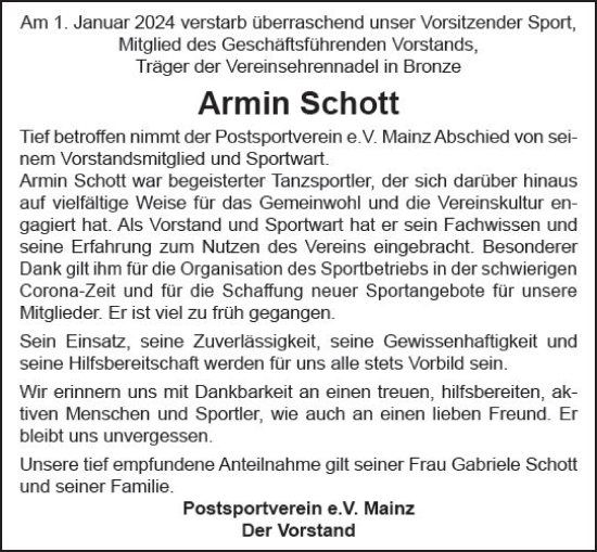 Traueranzeige von Armin Schott von Allgemeine Zeitung Mainz